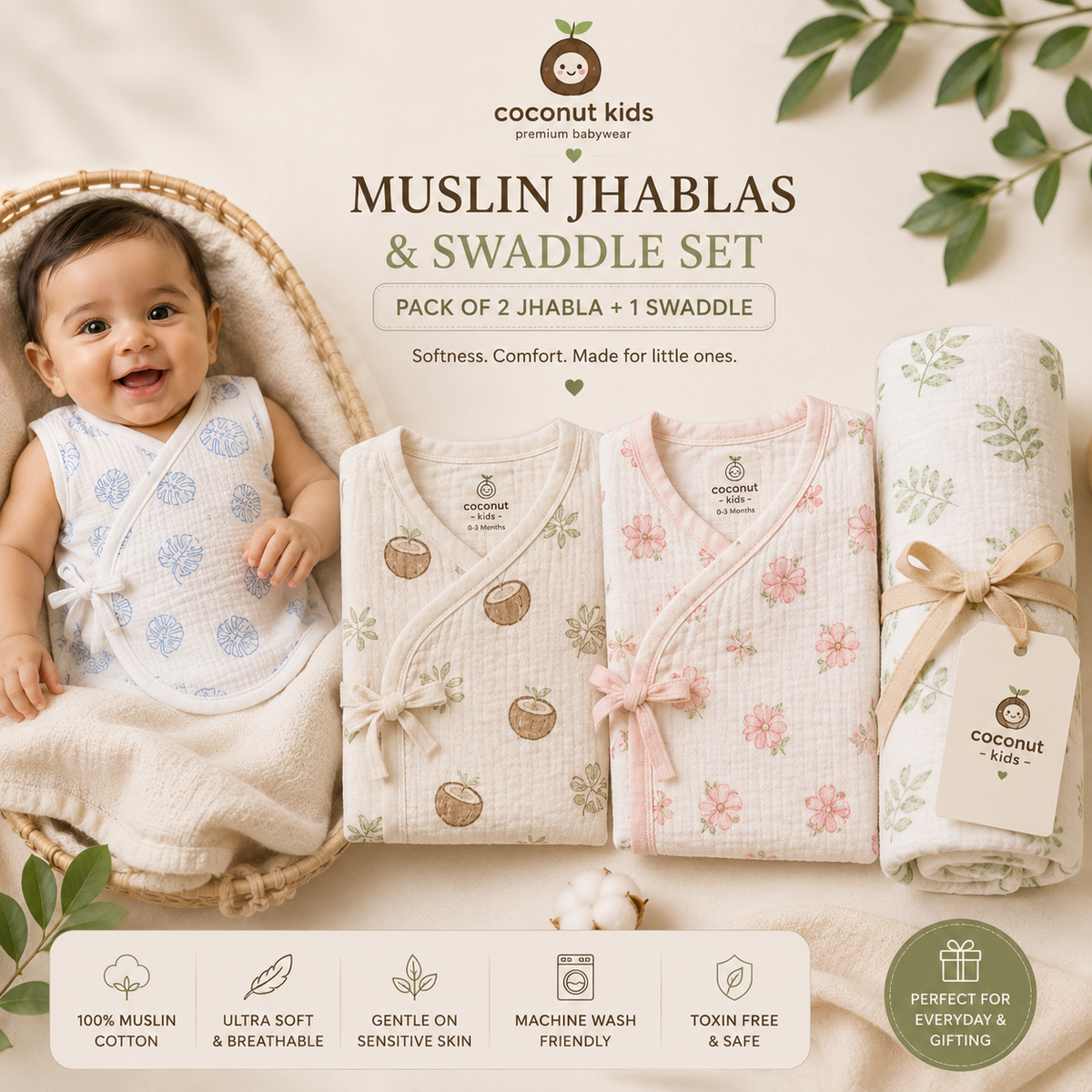 Coconut Kids Premium Muslin Jhabla Set of 2 – Coco Earth & Sage Palm