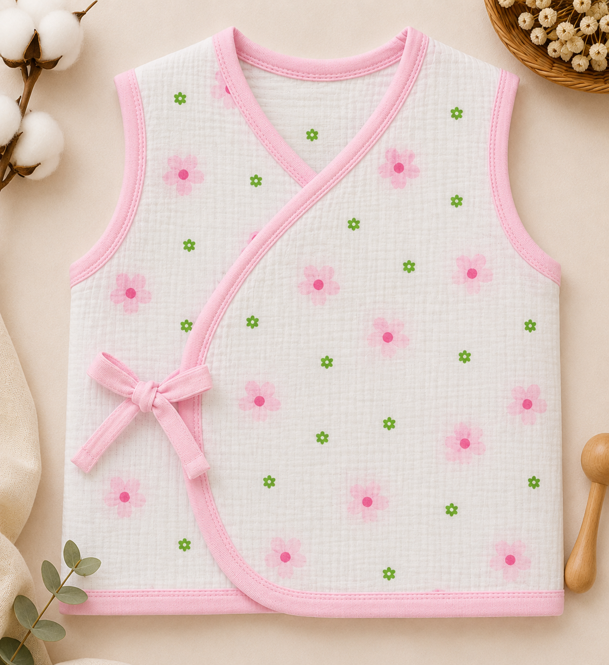 Coconut Kids Premium Muslin Side Knot Jhabla – Pink Floral