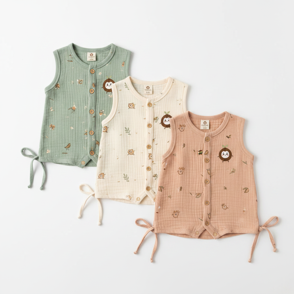 Crinkle Muslin Sleeveless Jabla Set of 3