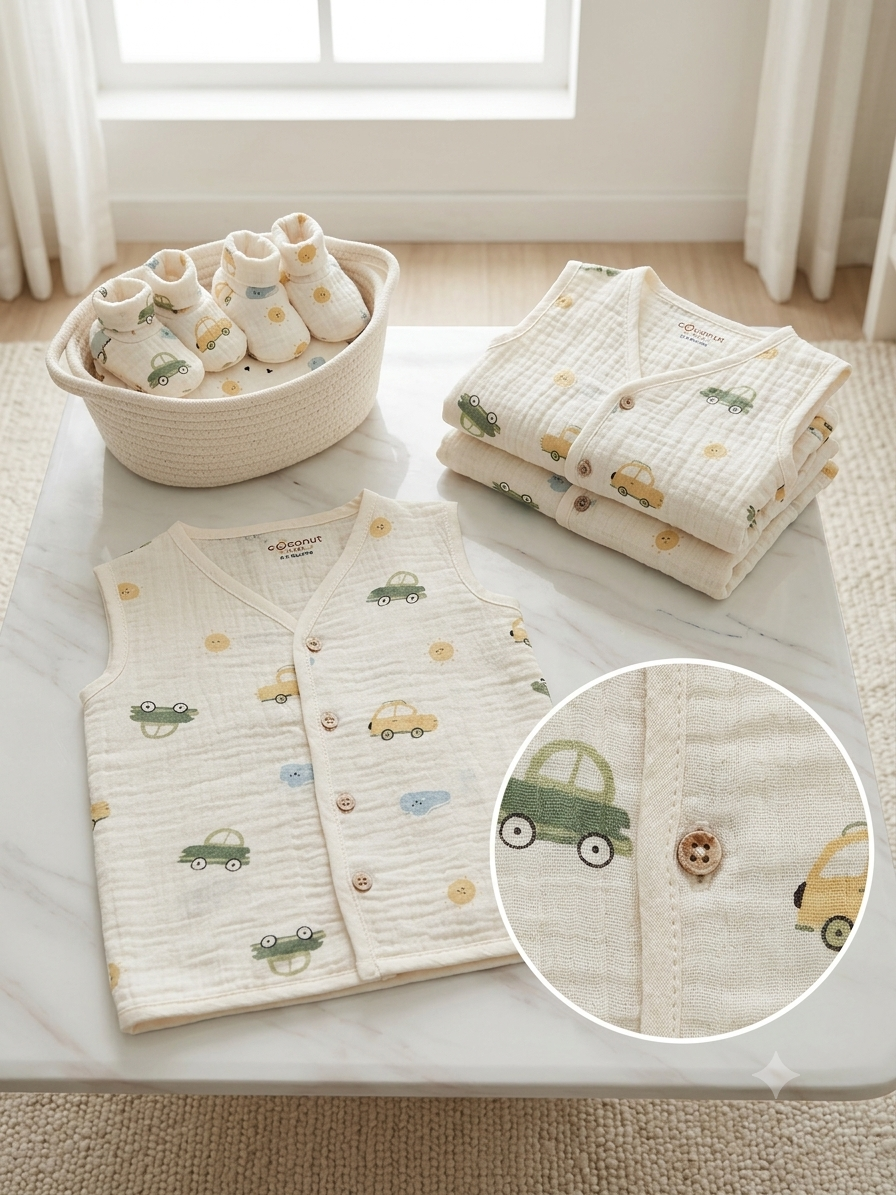Coconut Kids Premium Muslin Jhabla Set of 3 – Pink, Brown & Green